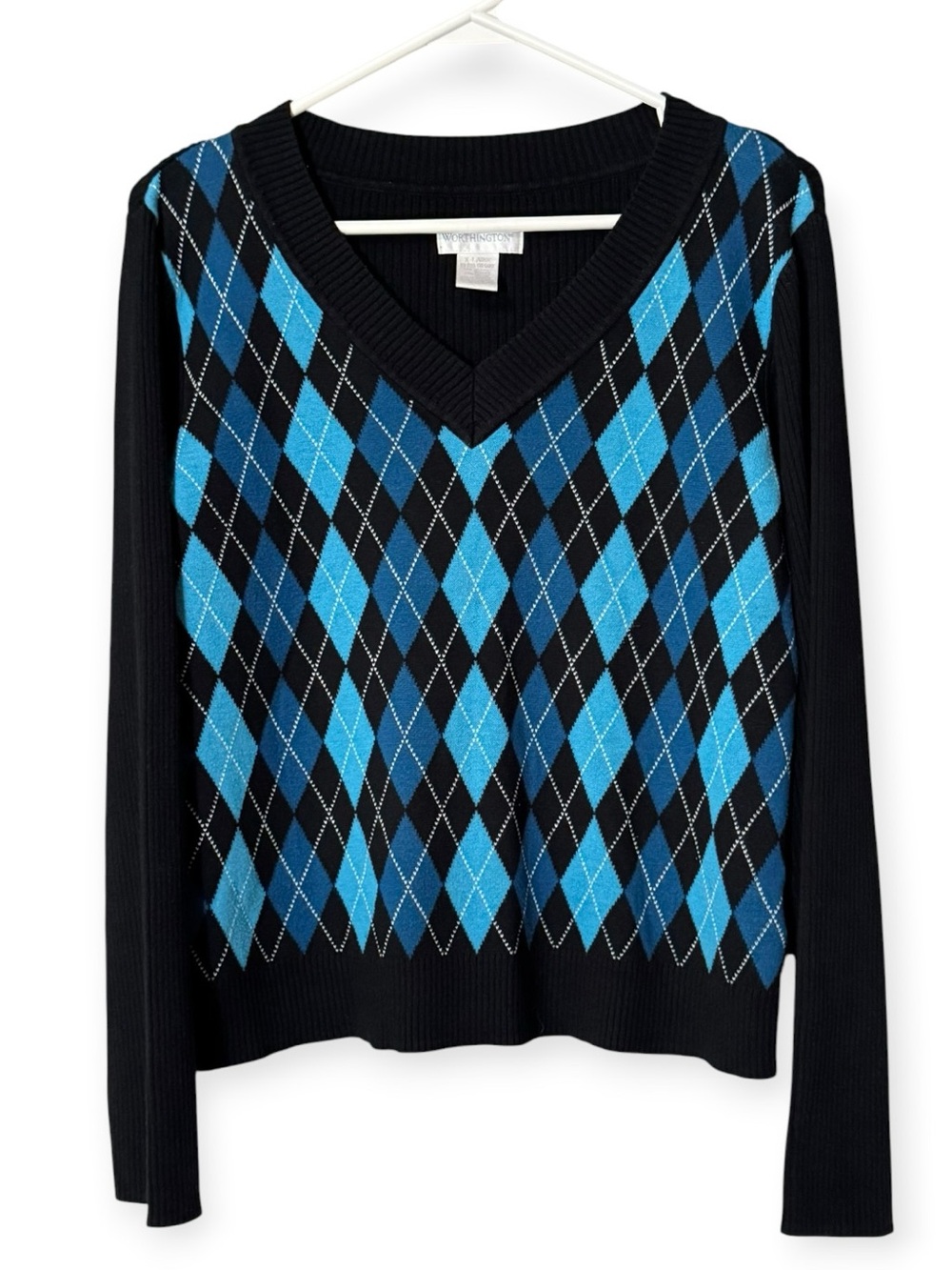 Worthington Womens Sweater Size XLarge V-Neck Long Sleeve Knit Top Diamond Fall